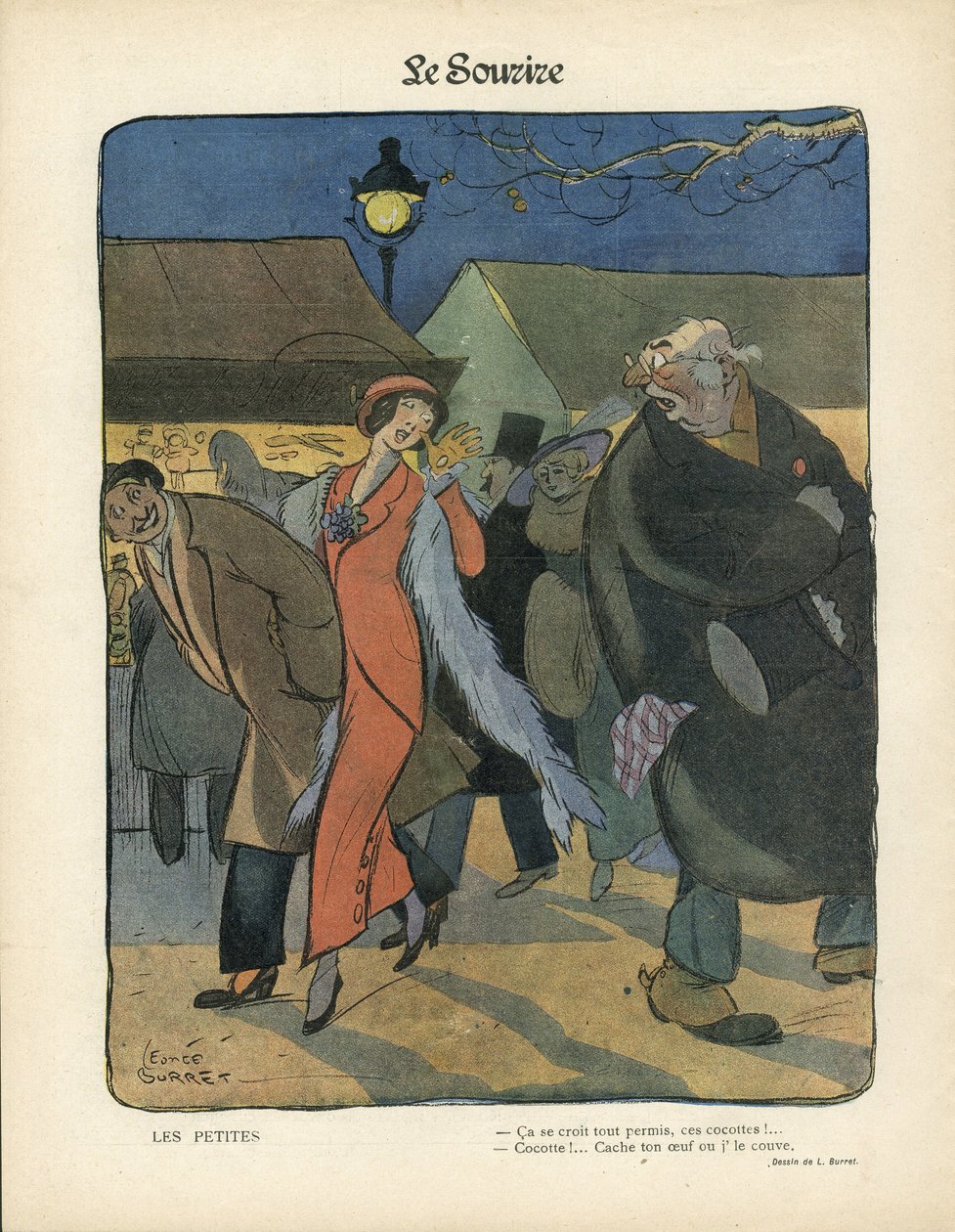 Illustration of Leonce Burret (1865-1915) in Le Smile, no. 4, 23/01/13 - Les petites - Nocturne, Prostitution, Paper casseroles, Floor lamp, Fur by Leonce Burret