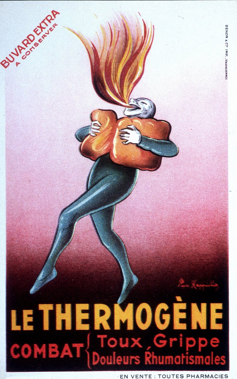 Advertising for thermogenic wadding healing colds, intercostal pain, rheumatism, cough, neuralgia and lumbagos. French Bouvard. beginning of the 20th century by Leonetto Cappiello