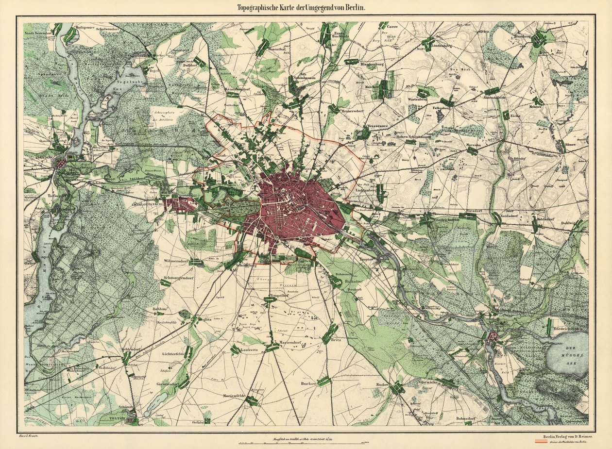 Map of Berlin, Published by D. Reimer Verlag, Berlin by Leopold Kraatz