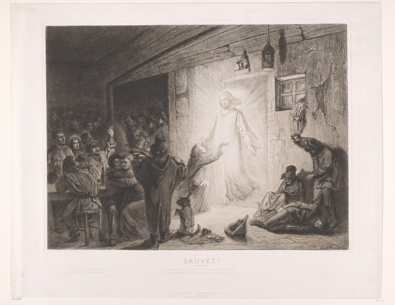 Christ Appears in an Inn, a Young Woman Kneels Before Him by Leopold Flameng