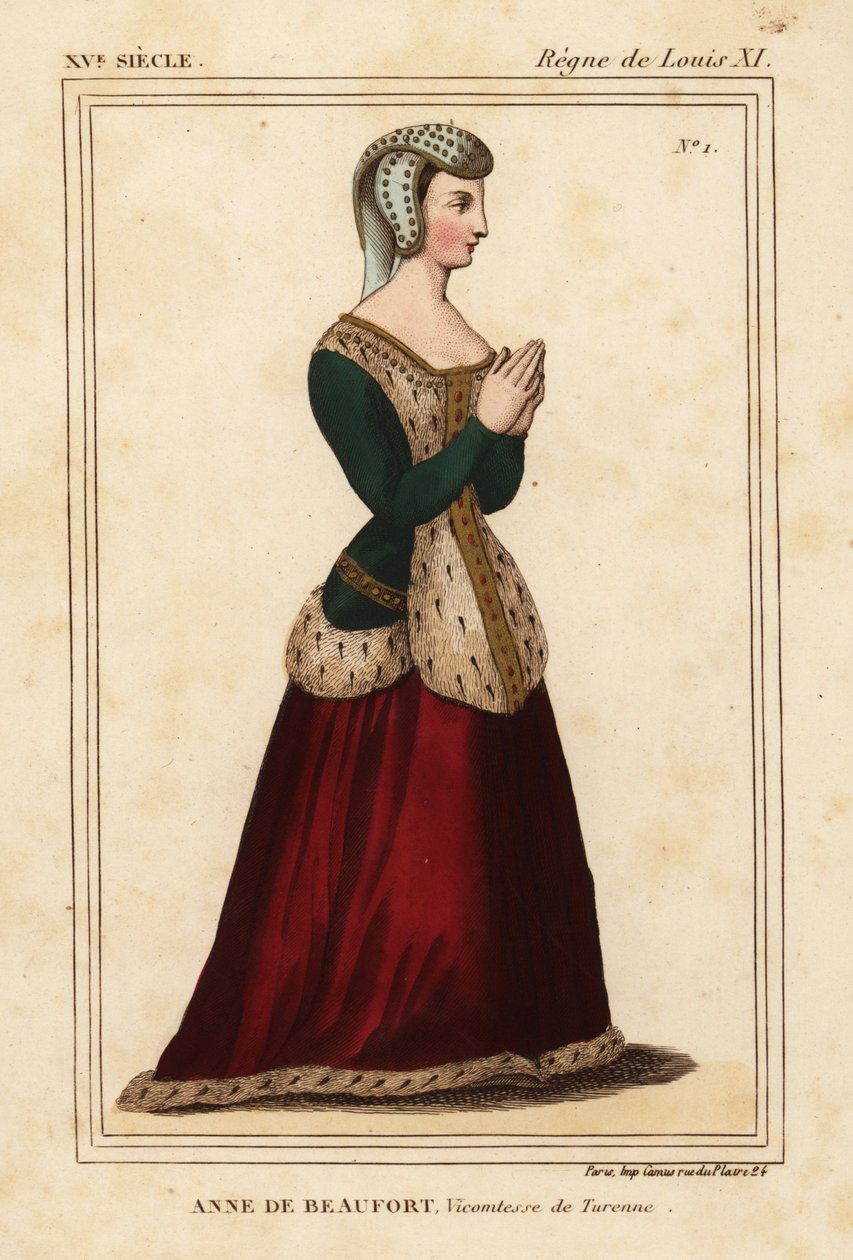 Anne Rogier de Beaufort, Viccountess de Turenne 1435-1479. Handcoloured lithograph after a stainless-glass window in the church of Cordelieres de Nantes in Roger de Gaignieres