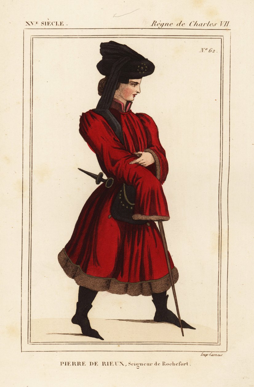 Pierre de Rieux, Lord of Rochefort 1389-1439. Handcoloured Lithograph after a Portrait in Roger de Gaignieres
