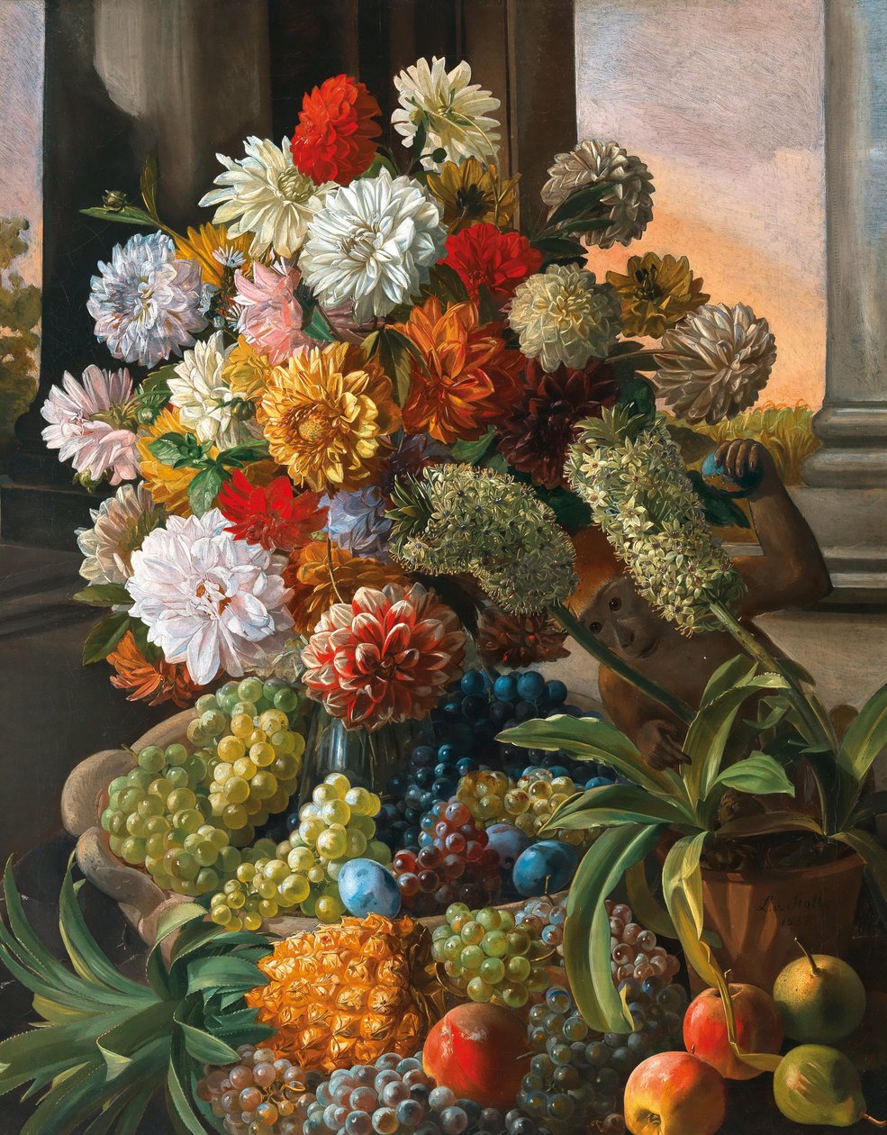 Still Life with Flowers and Grapes by Leopold von Stoll