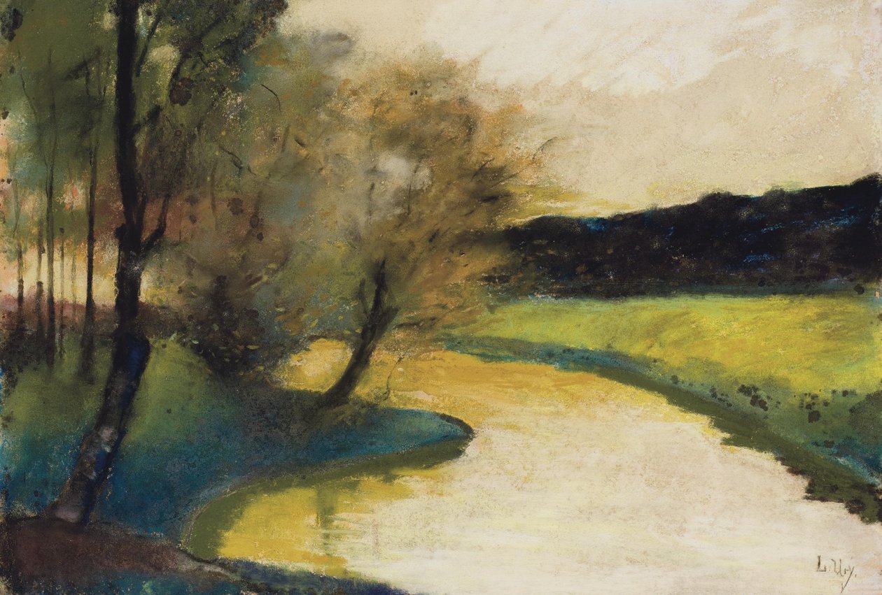 Autumnal Stream Landscape in Evening Light by Lesser Ury