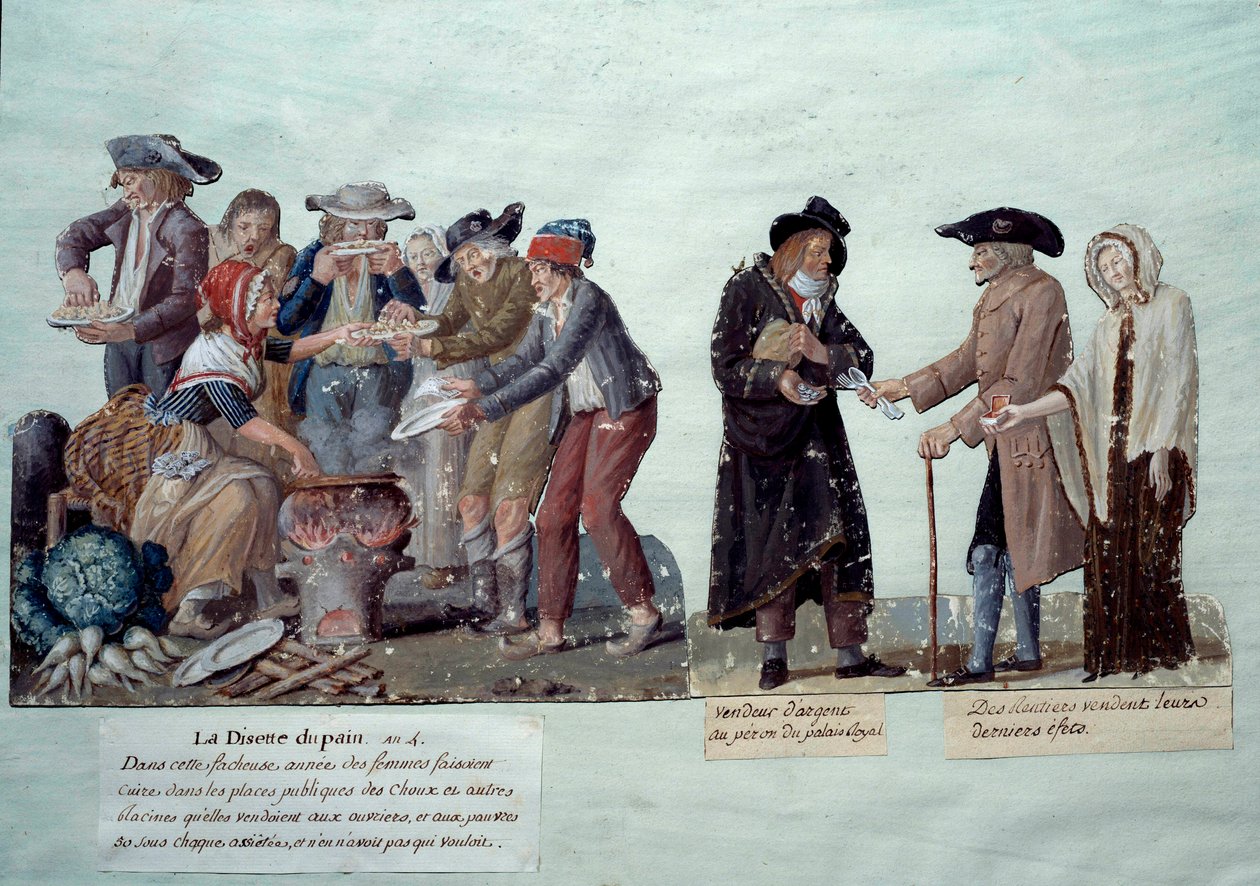 Scenes Under the French Revolution: Bread Shortage, Money Seller and Annuitants Selling Their Effects. Gouache by the Lesueur Brothers, Circa 1789. Musee Carnavalet, Paris by Lesueur Brothers