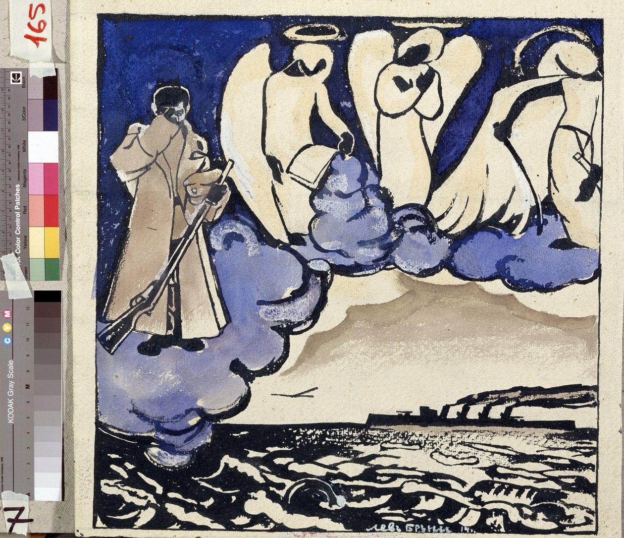 The War. Russia. 1914. Allegory of the First World War. A soldier and angels. Drawing and gouache by Lev Bruni by Lev Aleksandrovitc Bruni