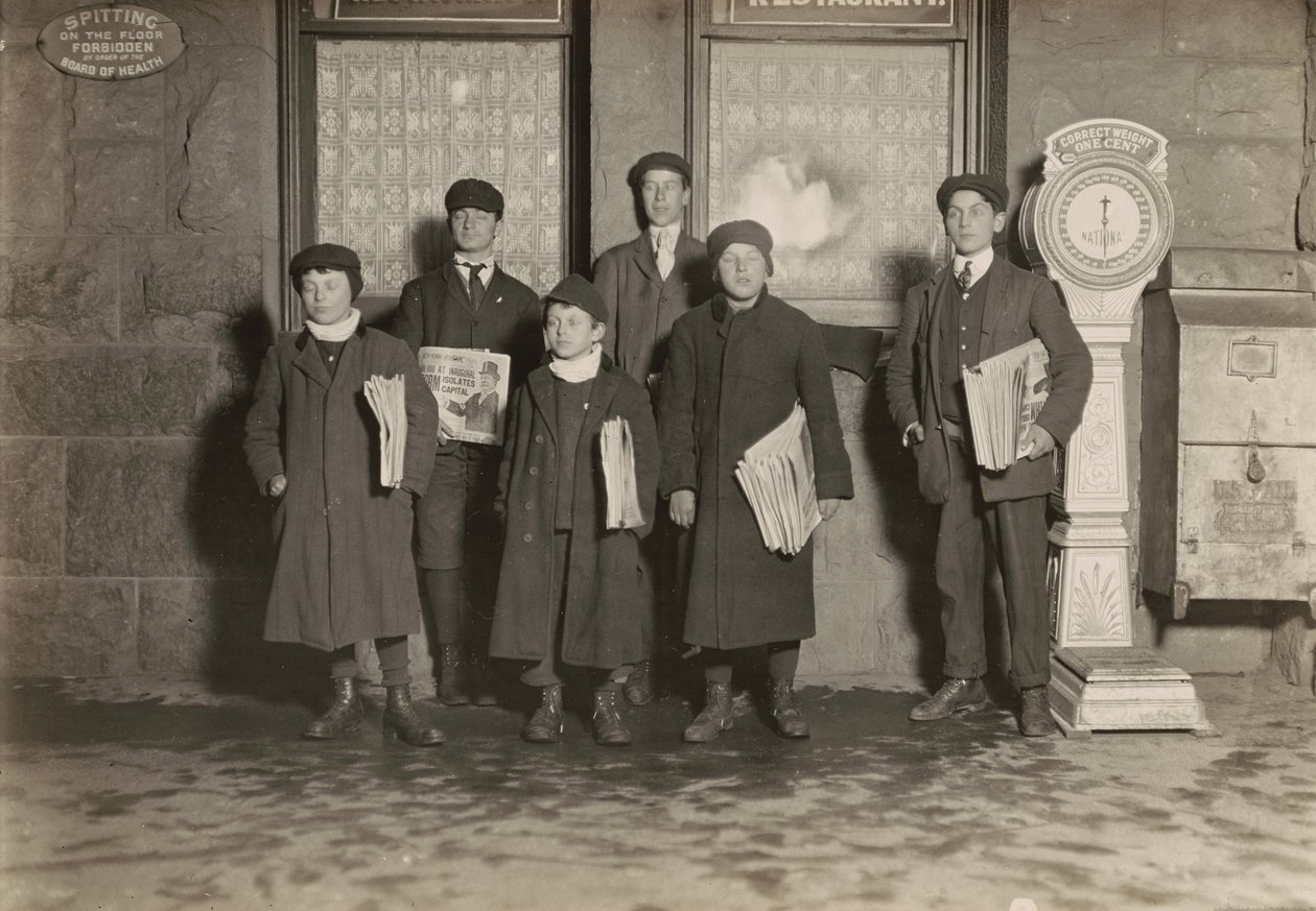 8:30 P.M. Group of Newsboys Selling at Depot, Hartford, Connecticut, March 1909 by Lewis Wickes Hine