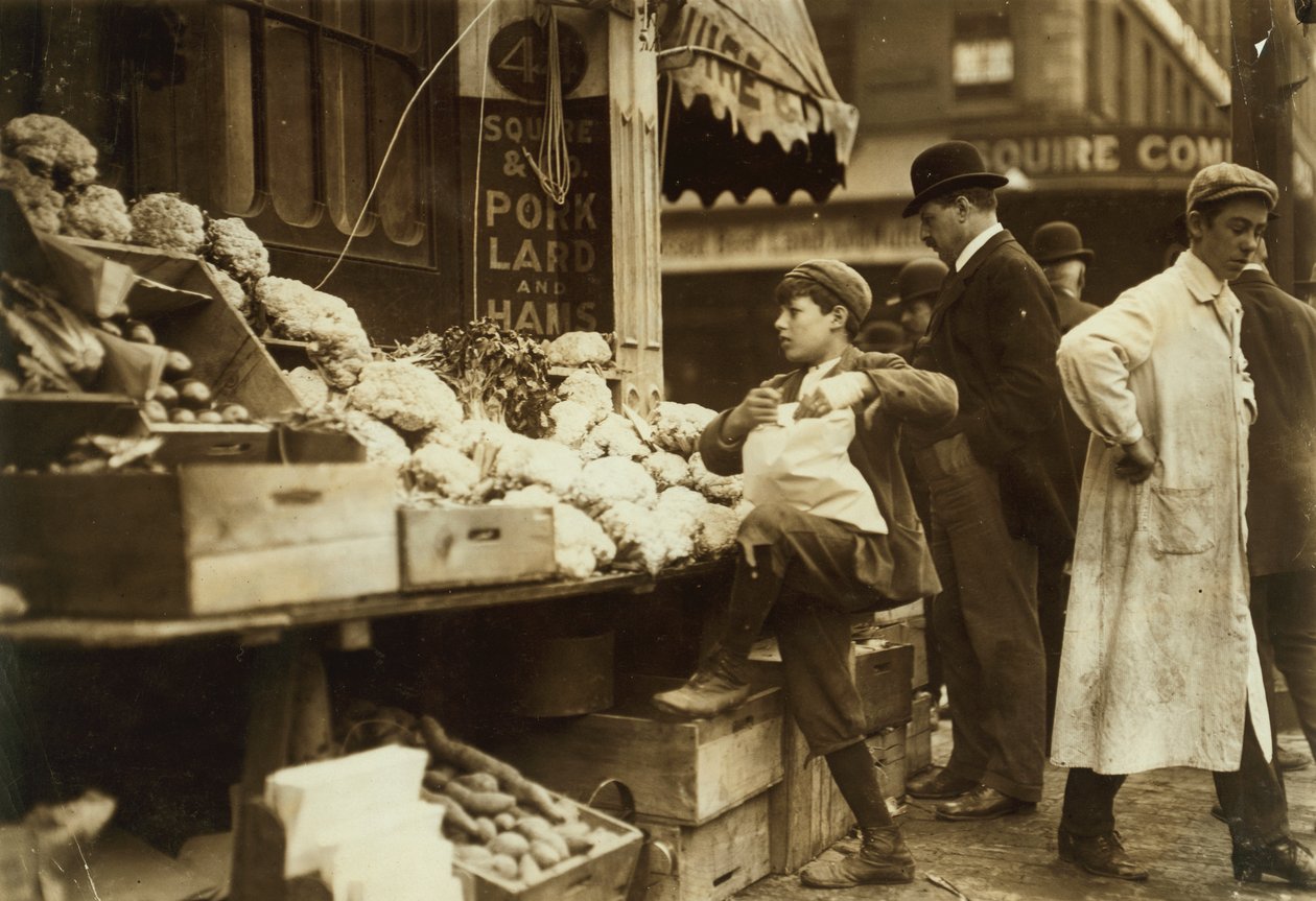 Boy Working at a Produce Stand, Boston, Massachusetts by Lewis Wickes Hine