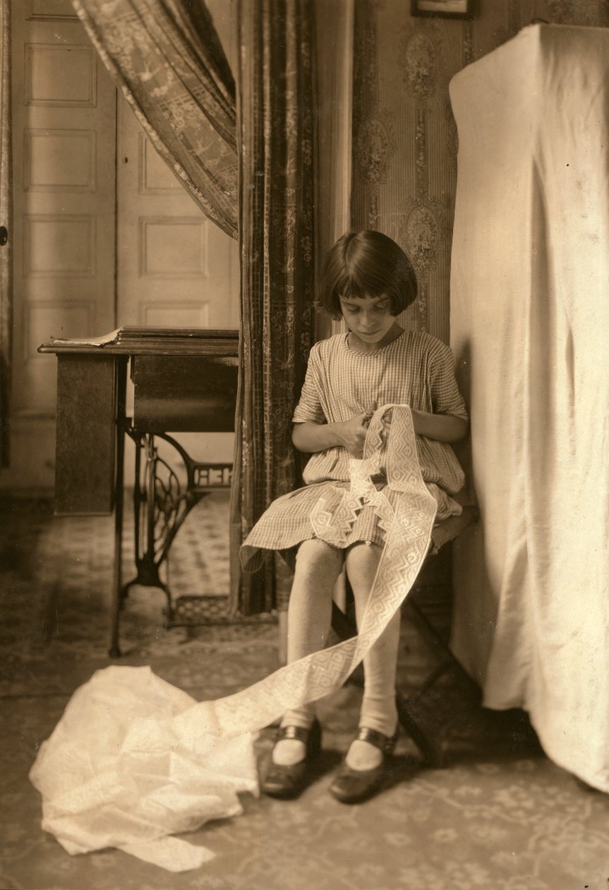 A Young Girl Cutting Lace at Her Home in New York City by Lewis Wickes Hine