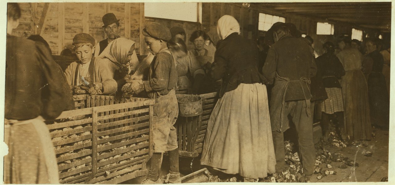 Johnnie, Oyster Shucker Aged 9 Watched by Boss of the Shucking Shed at Dunbar, Louisiana by Lewis Wickes Hine