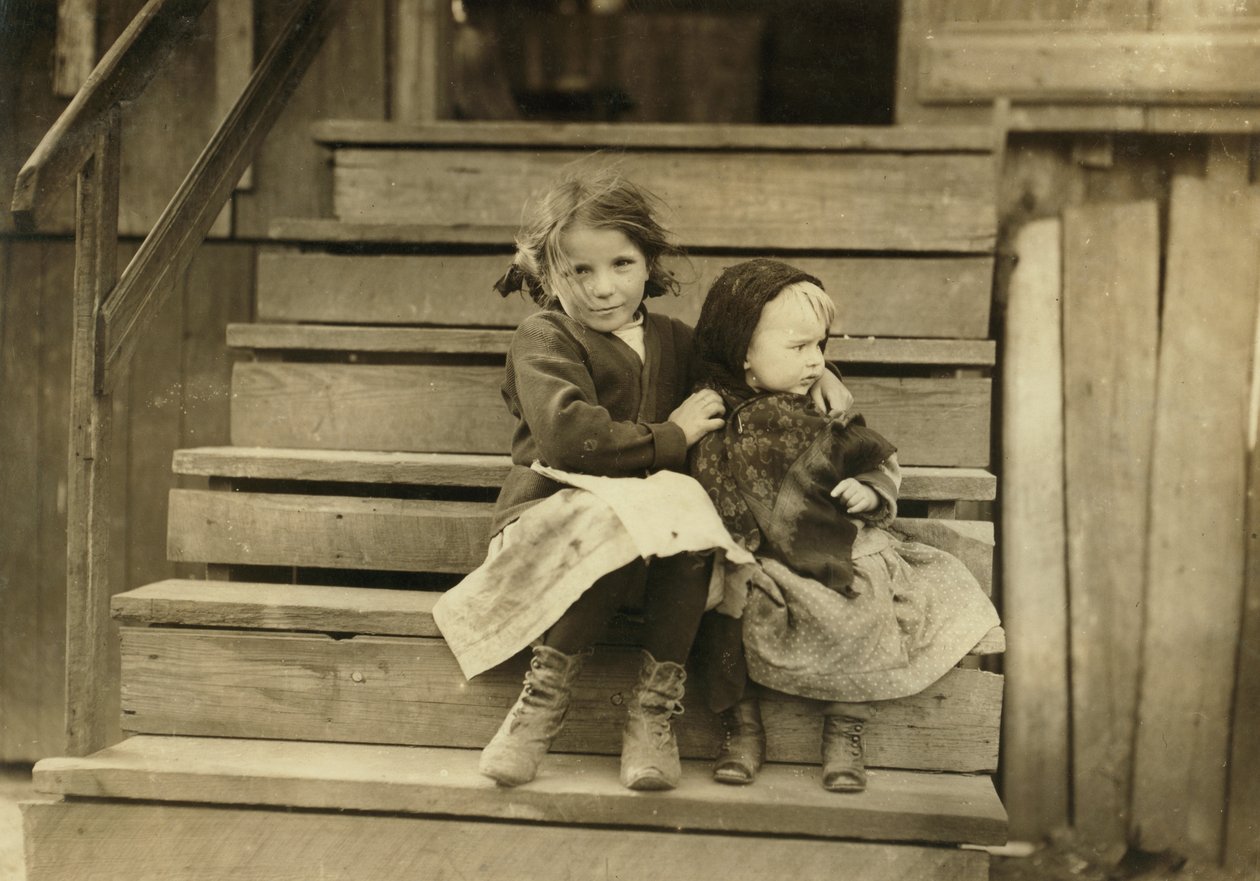 Portrait of Young Girl Taking Care of Baby Sister While Rest of Family is Working at Local Cannery, Bayou La Batre, Alabama, USA by Lewis Wickes Hine