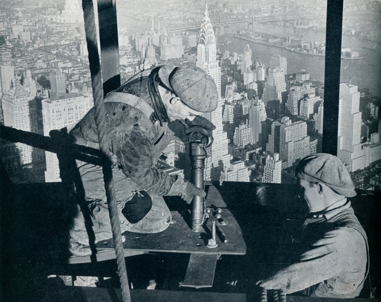 Riveting the last bolts on The Morning Mast of the Empire State building, c1931 by Lewis Wickes Hine