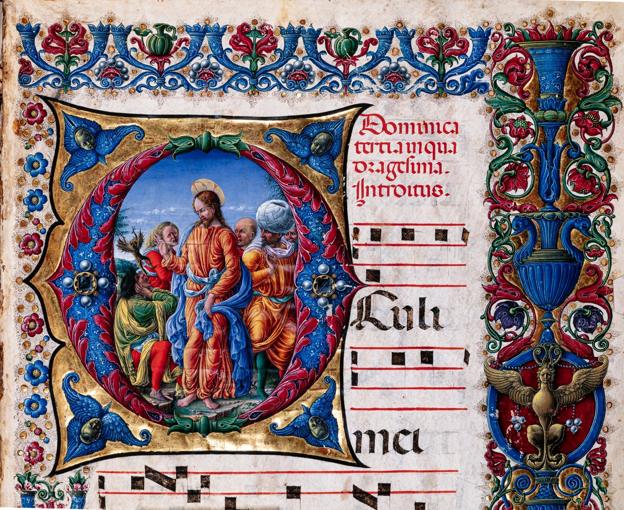 Piccolomini Library: choir book, cod. 21.6, ff. 2r with Casting out of an unclean spirit (detail) by Liberale da Verona