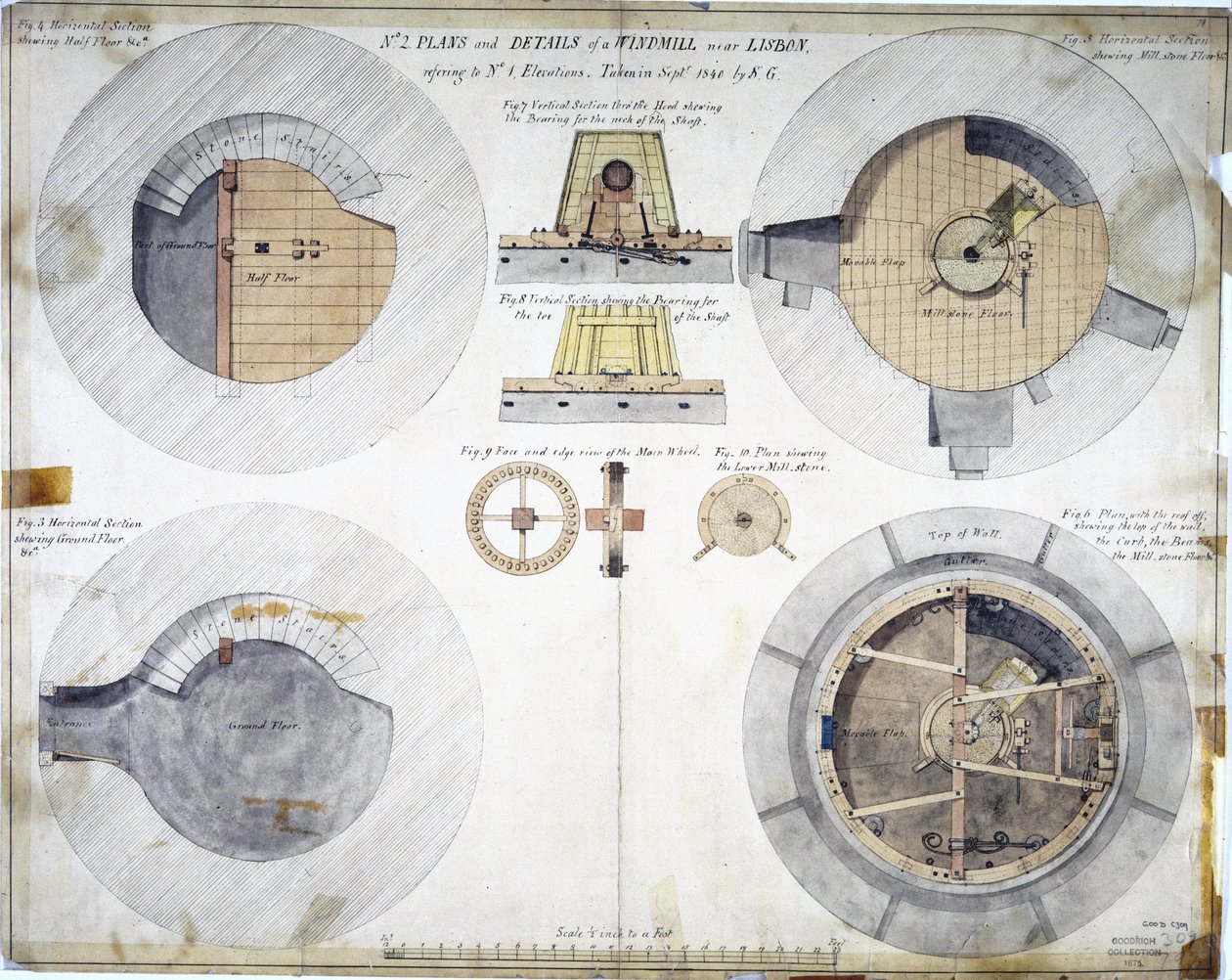 Sections and plan of a windmill, near Lisbon, Portugal by Unbekannt Unbekannt