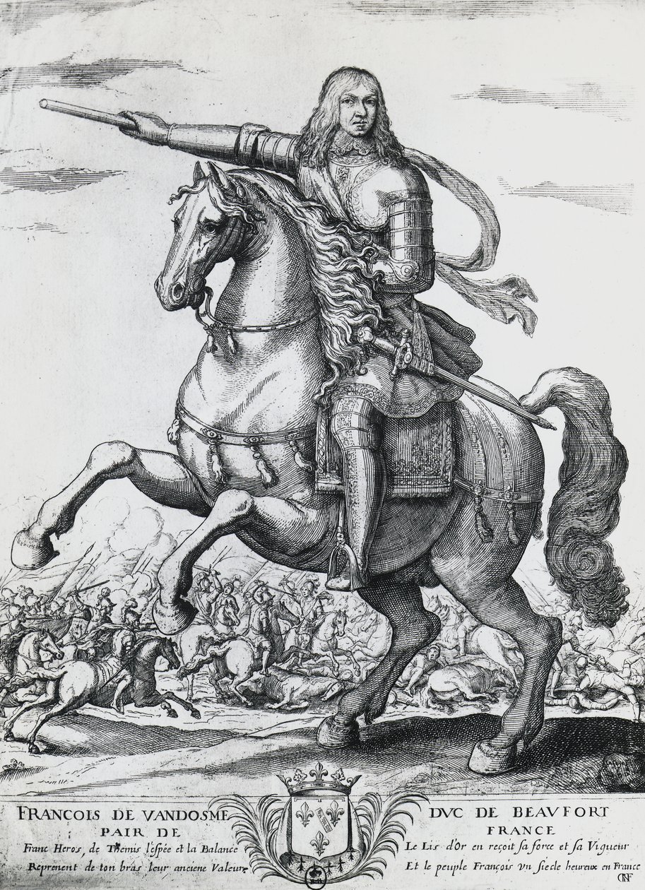 Equestrian Portrait of Francis of Bourbon-Vendome (1616-1669), Second Duke of Beaufort and French General, Engraving by Nicolas de La Fage by Unbekannt Unbekannt