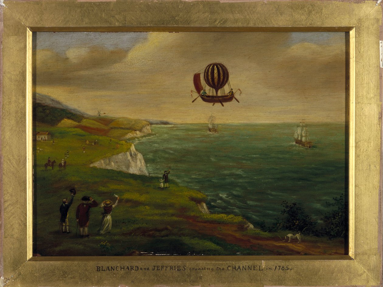 The inventor Jean Pierre Blanchard and the American scientist John Jeffries cross the English Channel in a flying machine resembling a boat equipped with a hot air balloon on 7/01/1785 by Unbekannt Unbekannt