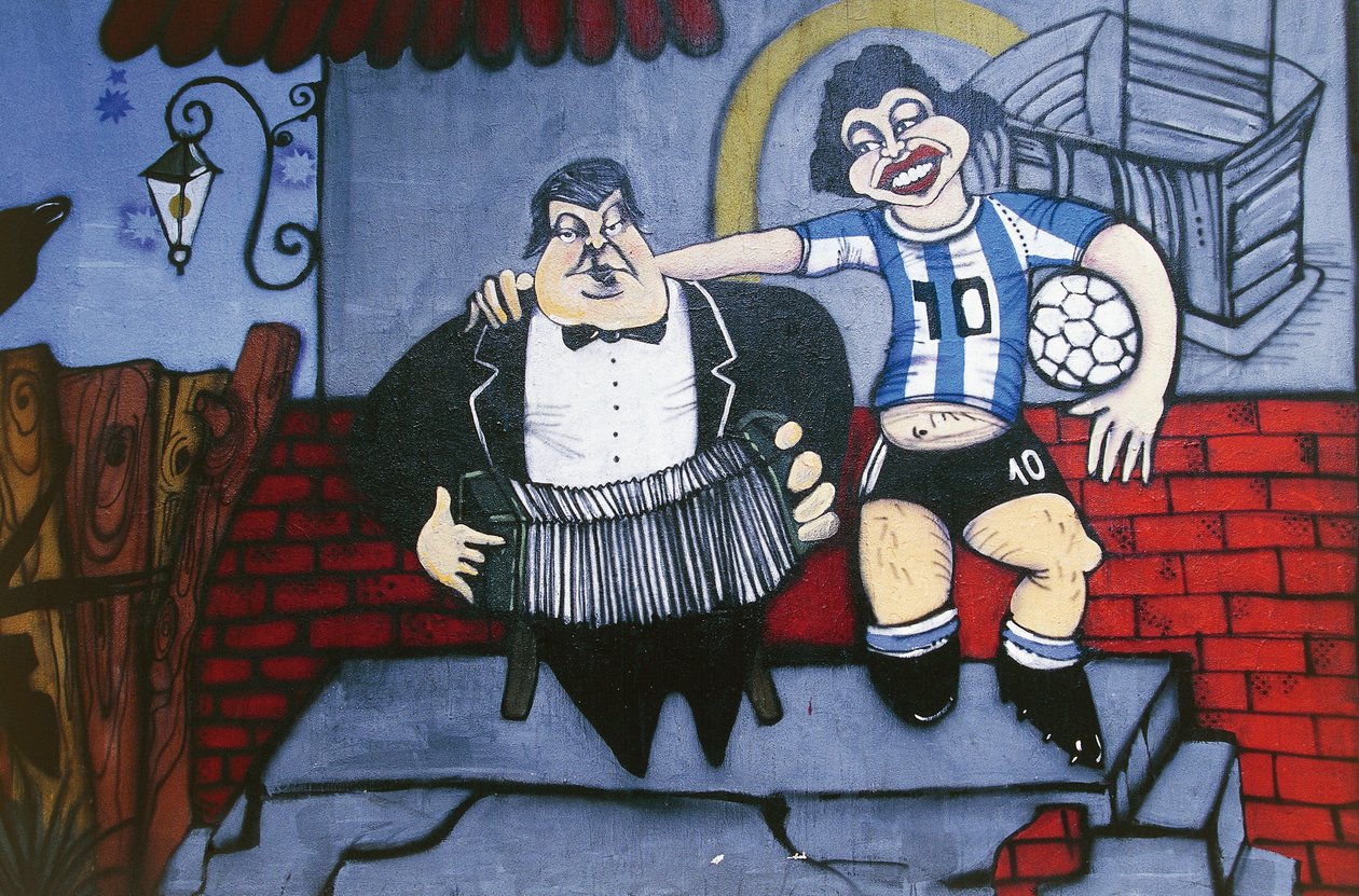 Musician Anibal Troilo and football player Diego Maradona, mural on wall of Caminito alley, La Boca, Buenos Aires by Unbekannt Unbekannt