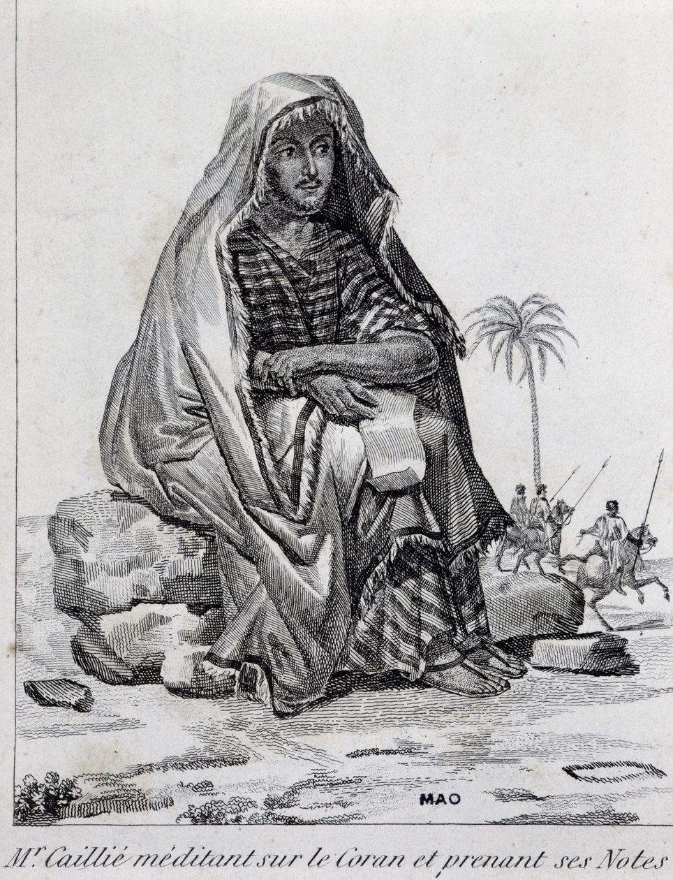 Rene Caillie, explorer wearing Arab clothes, meditating on the Qur