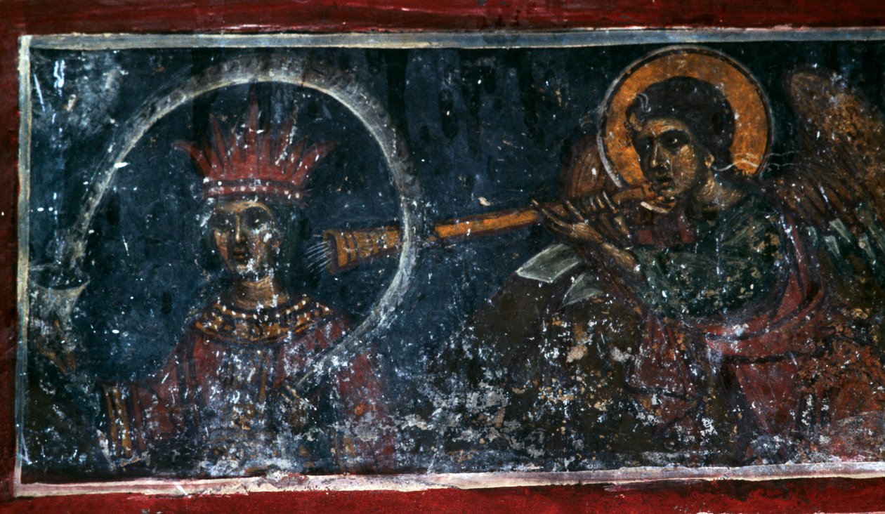 Saint playing the horn, fresco in the Church of Agios Ioannis Prodromos, Margarites, Crete, Greece by Unbekannt Unbekannt