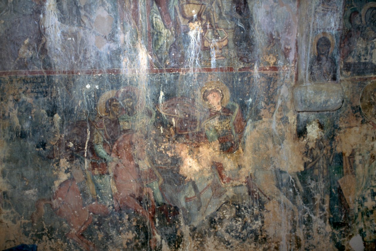 Saints on Horseback, Fresco in Byzantine Church of Agios Athanasios, Kefali, Crete, Greece by Unbekannt Unbekannt