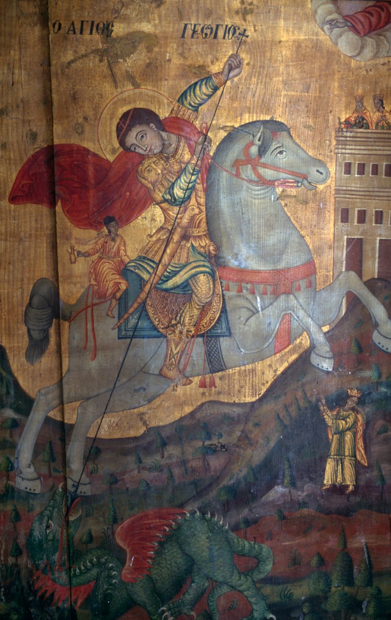 St George and Dragon (Detail), Wood Panel in Church of Agia Paraskevi, Anisaraki, Crete, Greece by Unbekannt Unbekannt