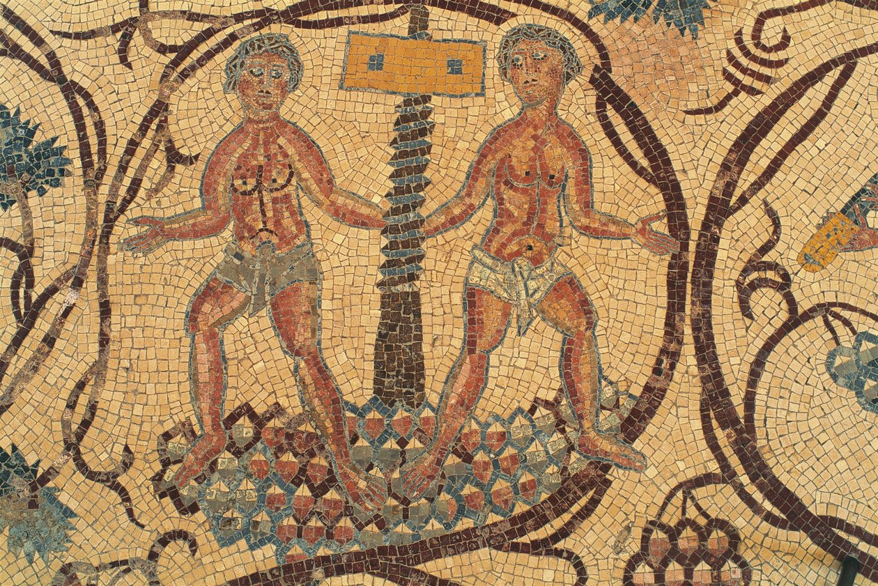 Wine screw-press, detail of floor mosaic with scenes of daily life, Church of Saints Lot and Procopius, Nebo, Khirbet al-Mukhayyat, Jordan, Byzantine civilization, 6th century AD by Unbekannt Unbekannt