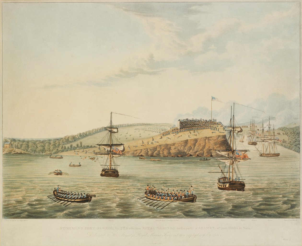 Attack on Fort Oswego, Lake Ontario, N. America. May 6th 1814, Noon, and Storming Fort Oswego by Second Battalion Royal Marines and a party of Seamen, 15m past Twelve at Noon, engraved by R. Havell by Lieutenant J. Hewitt