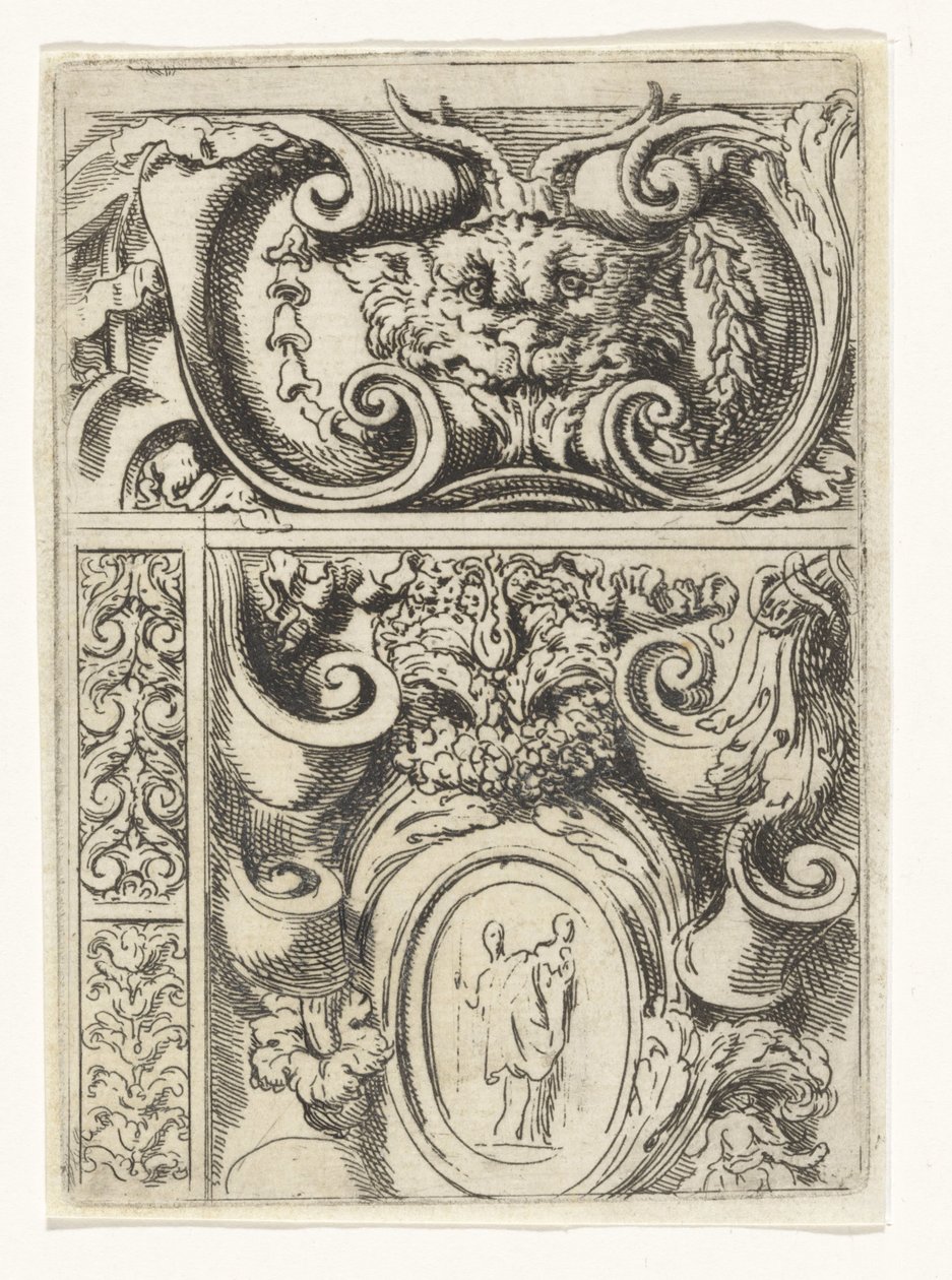 Cartouche with Animal Head and Below a Cartouche with Madonna and Child (Divertimenti di Livio Meus series) by Lieven Mehus