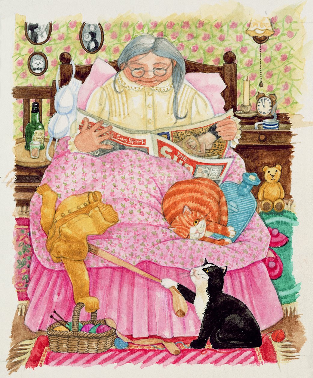 Grandma and 2 cats and a pink bed by Linda Benton