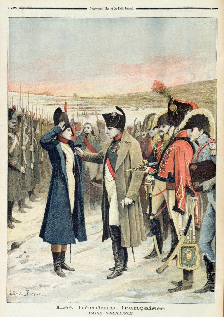 Napoleon Bonaparte presenting the female officer, Marie Schellinck with a medal on the battlefield by Lionel Noel Royer