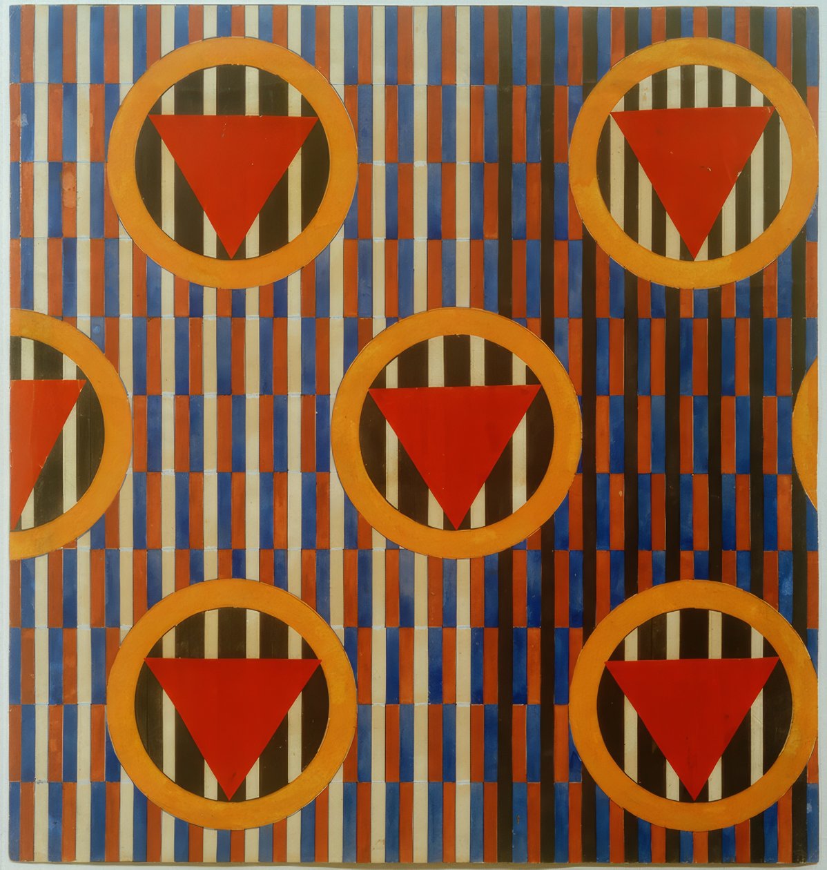 Red Triangles in Circles. Design for Upholstery Fabric by Ljubow Sergejewna Popowa