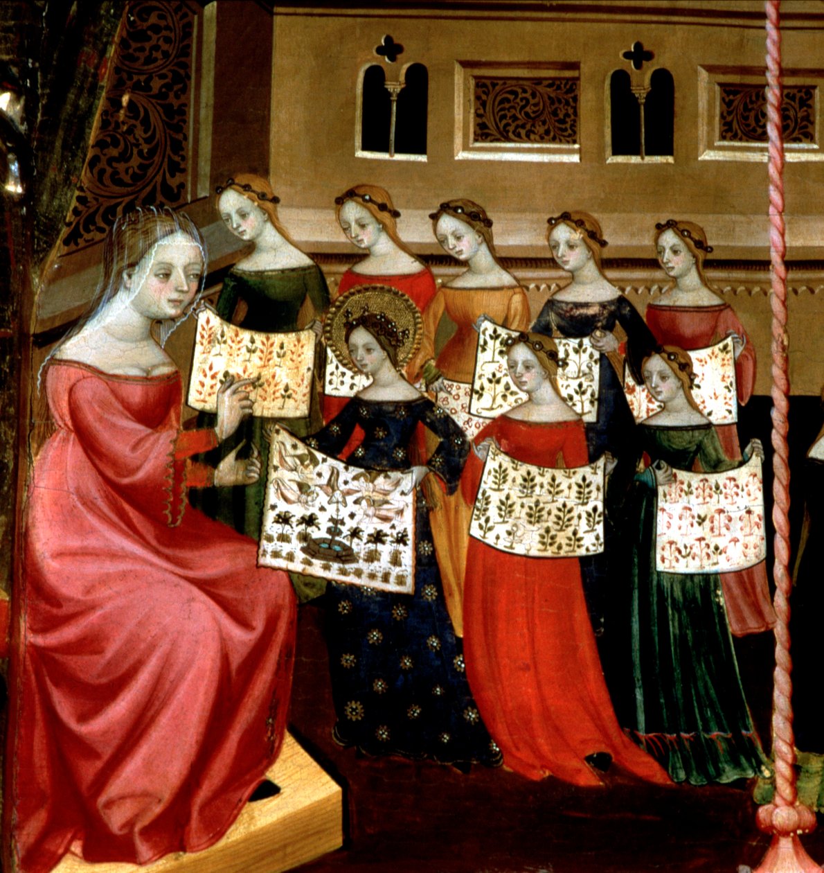 The Virgin Mary with her classmates showing needlework samplers to their teacher (detail) by Lluís Borrassà