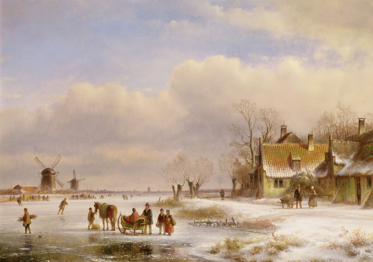 Snow Scene with Windmills in the Distance by Lodewijk Johannes Kleyn
