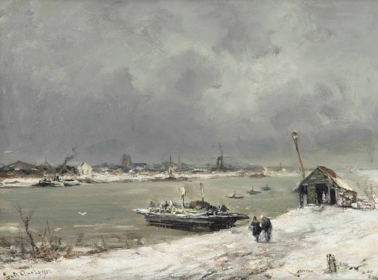 A Ferry Crossing Near Wijk bij Duurstede in Winter by Lodewijk Frederik Hendrik Apol