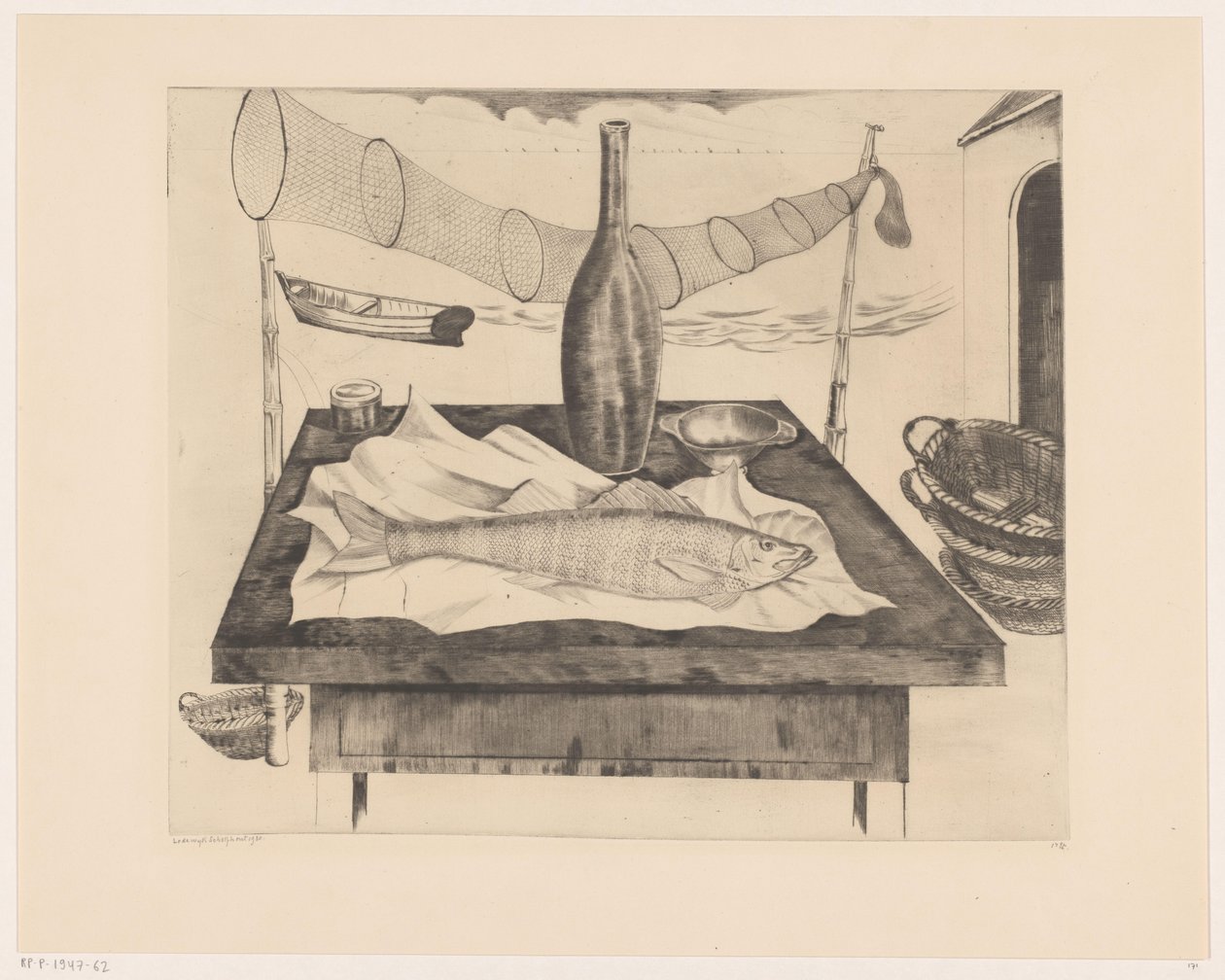 Still Life with Fish, Bottle, and Fishing Net by Lodewijk Schelfhout (signed by artist)