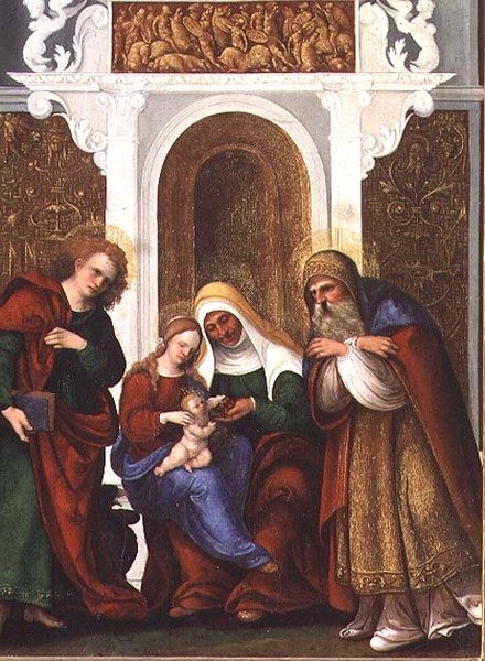 Madonna and Child with SS. Anne, John the Evangelist and Zacharias or Madonna and St. Anne of the Cherries by Lodovico Mazzolino