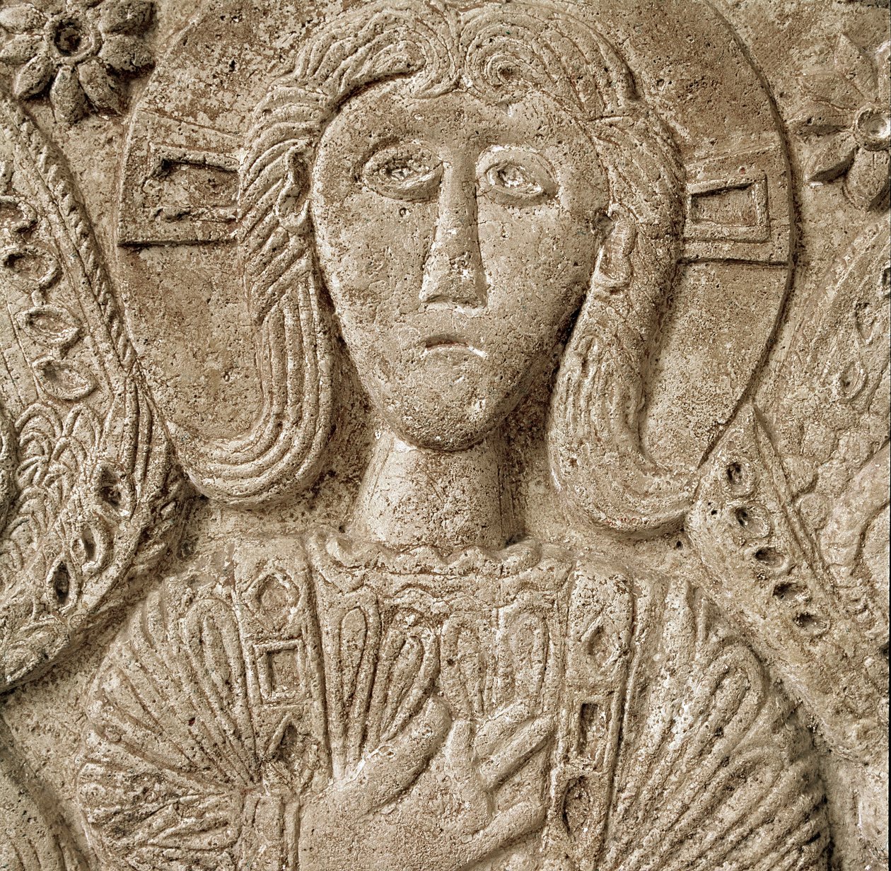 Archaeology of the Middle Ages: Barbarian Art of Lombardy: Detail of Christ, Low Relief of the Altar of Duke Rachis. 737-744. Cividale del Friuli, Chretien Museum, Treasure of the Cathedral by Lombard School