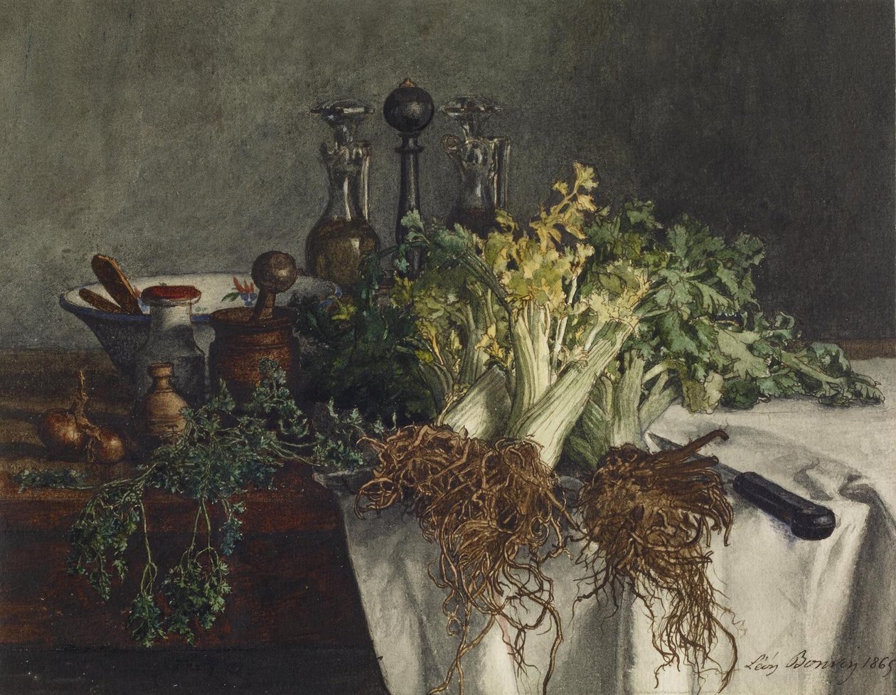 Still Life on Kitchen Table with Celery, Parsley, Bowl and Cruets by Léon Bonvin