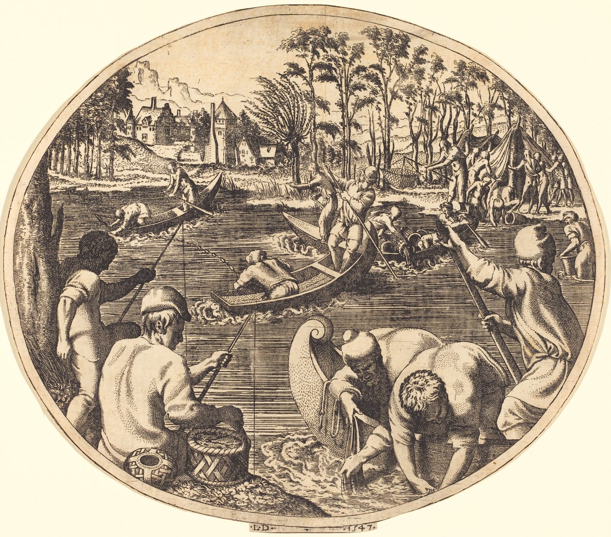 Fishing Scene by Léon Davent after Francesco Primaticcio