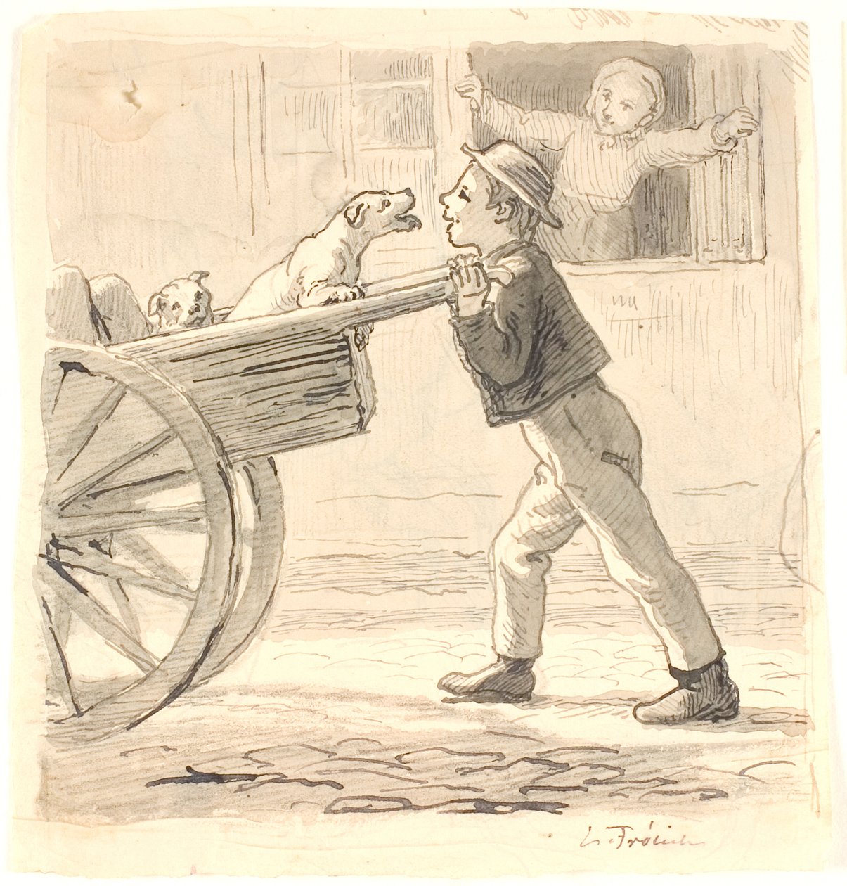 A Boy Pushing a Cart with Dogs by Lorenz Frølich