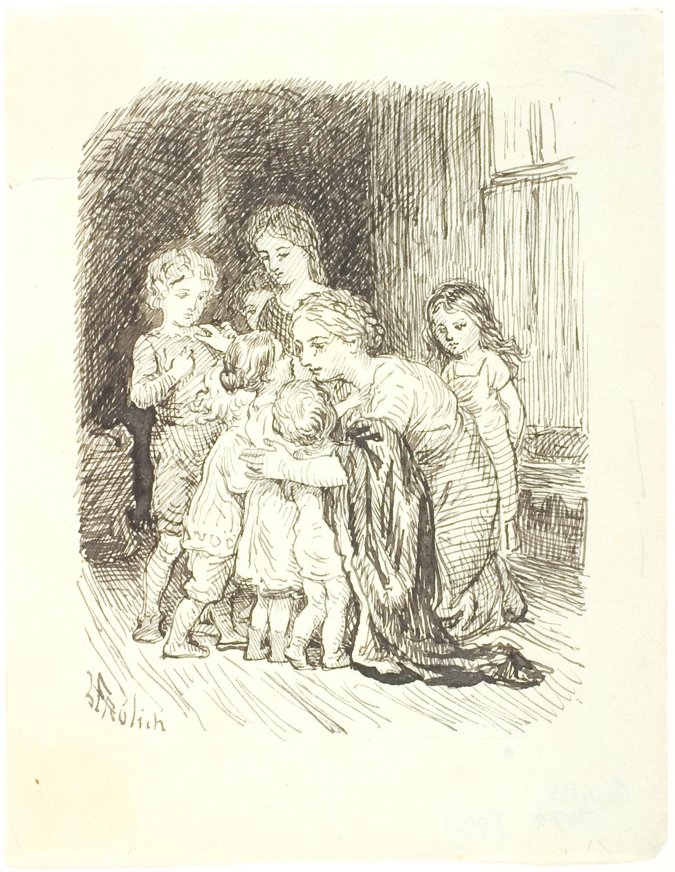 A Mother Kneeling and Gathering a Flock of Children Around Her by Lorenz Frølich