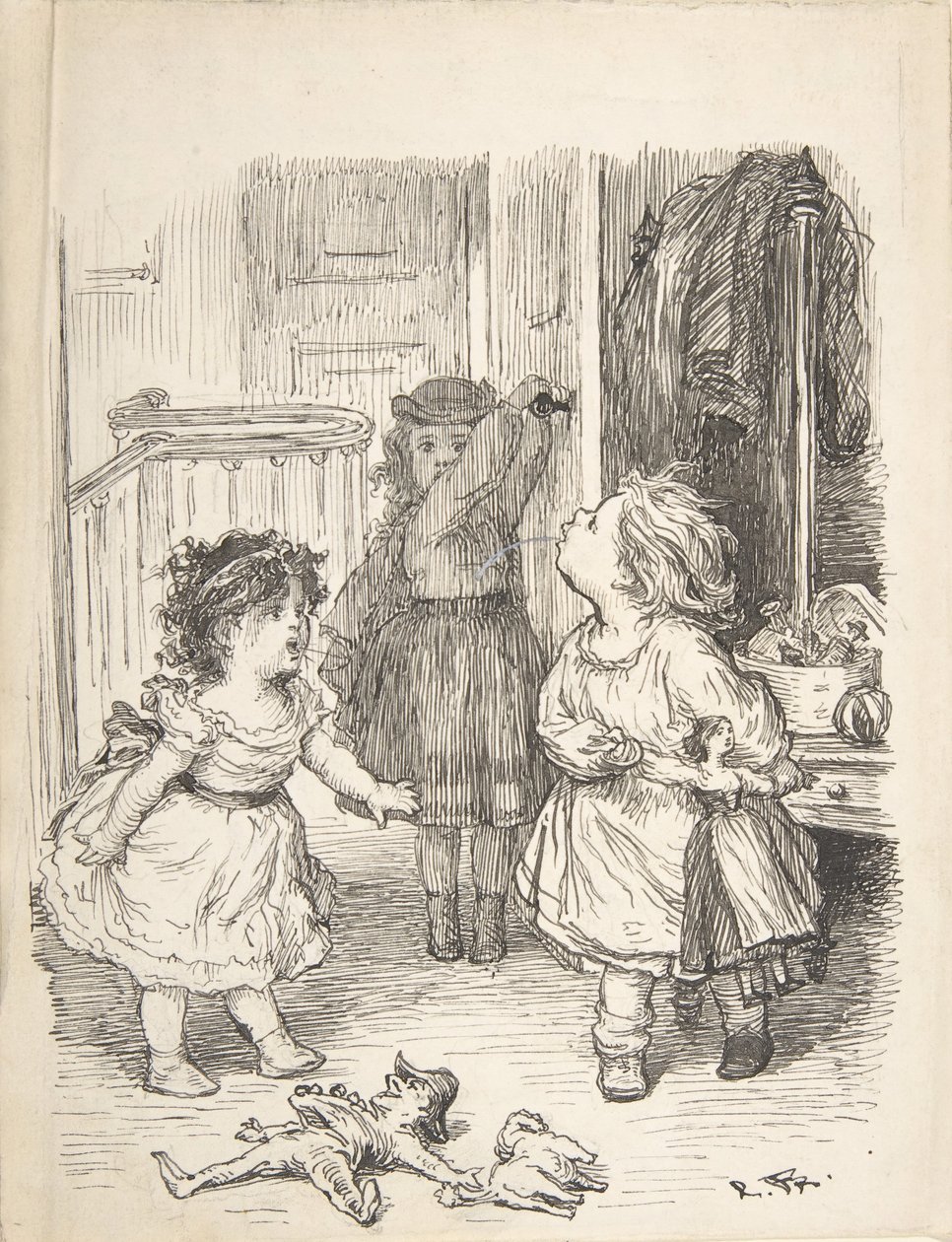 Three Little Girls in a Room Arguing and Spitting by Lorenz Frølich