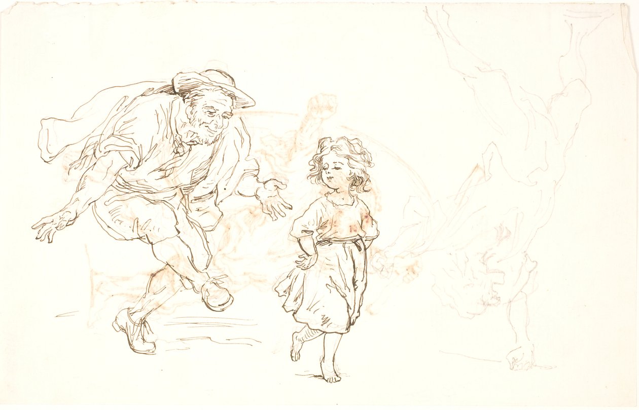 Elderly Man and Little Girl Dancing by Lorenz Frølich
