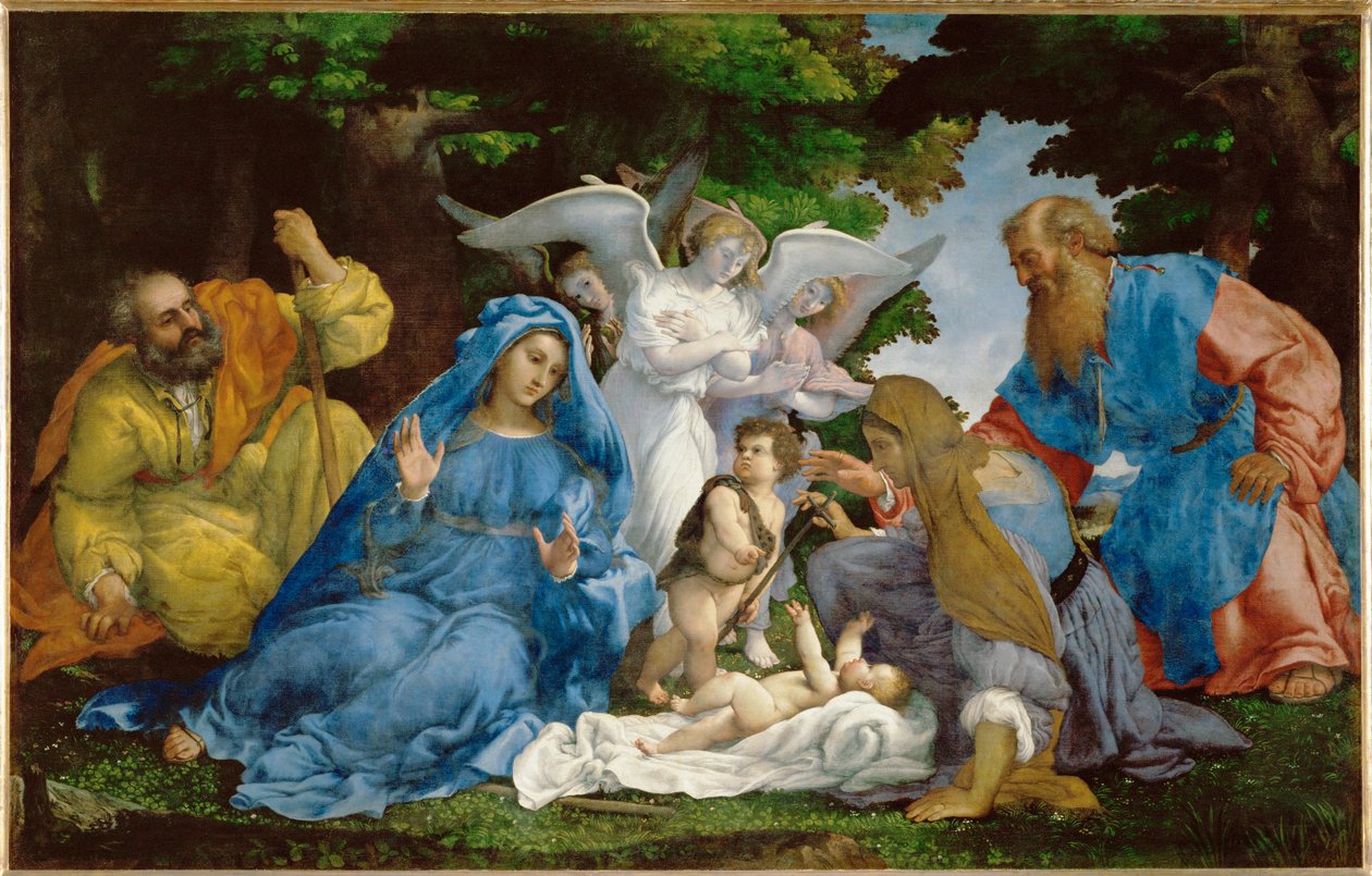 The Holy Family with Three Angels, Young Saint John by Lorenzo (workshop of) Lotto