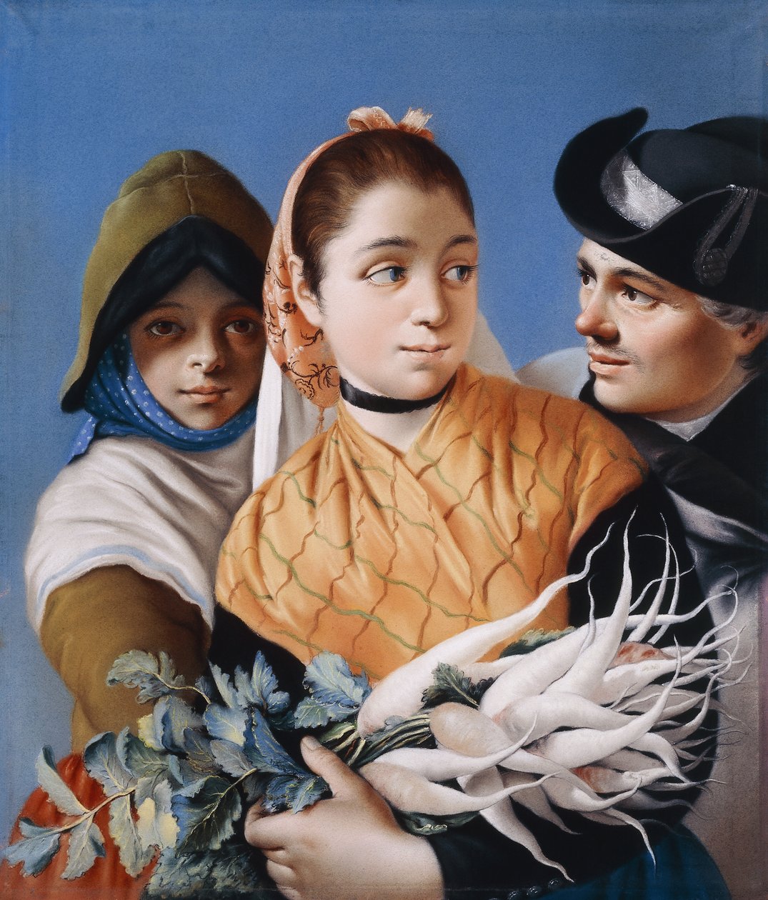 A Girl in an Orange Shawl holding Turnips, A Girl in a green Bonnet and Dress and a Gentleman in black Tricorn Hat by Lorenzo Baldissera Tiepolo