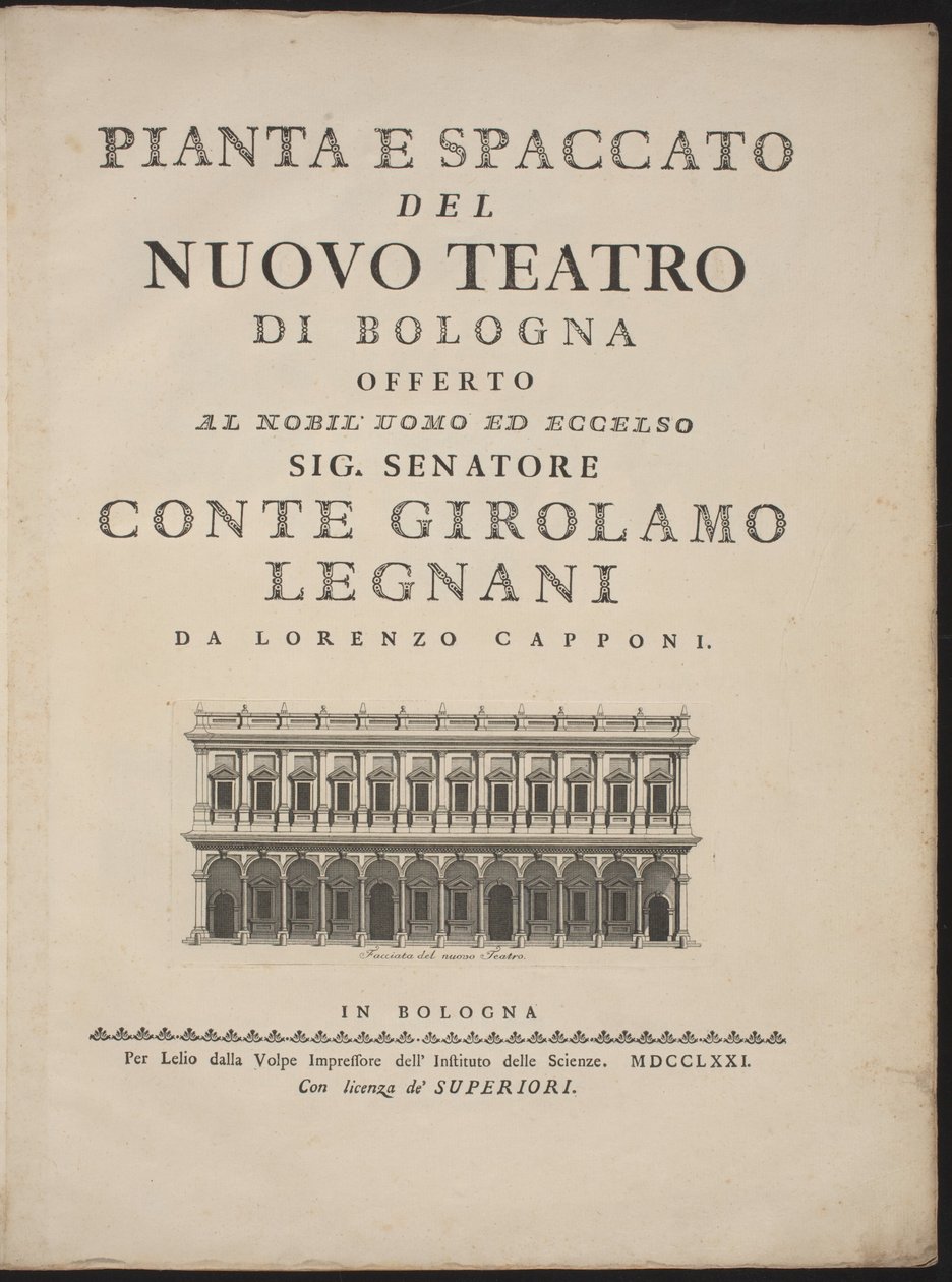 Plan and Section of the New Theater in Bologna by Lorenzo Capponi, after Antonio Galli Bibiena
