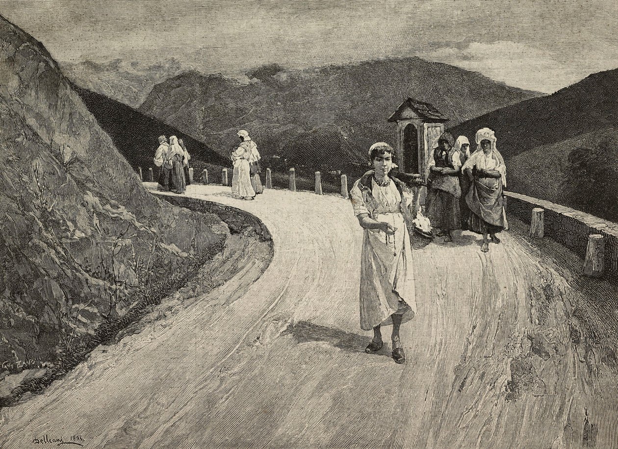 On Sacred Way, female pilgrim walking along path, Brera, United Expositions, Milan, Italy, engraving by F Cantagalli from painting by Lorenzo Delleani from L