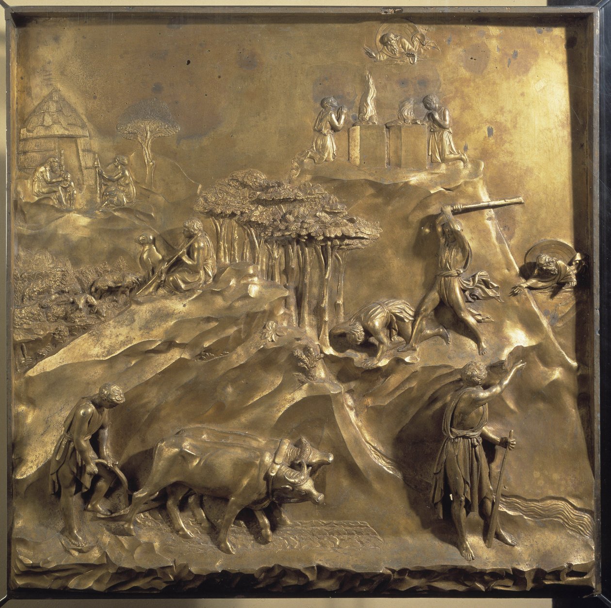 Life of Cain and Abel: the sacrifice, the murder of Abel and God banishing Cain. Original panel of the door of Paradise by Lorenzo Ghiberti