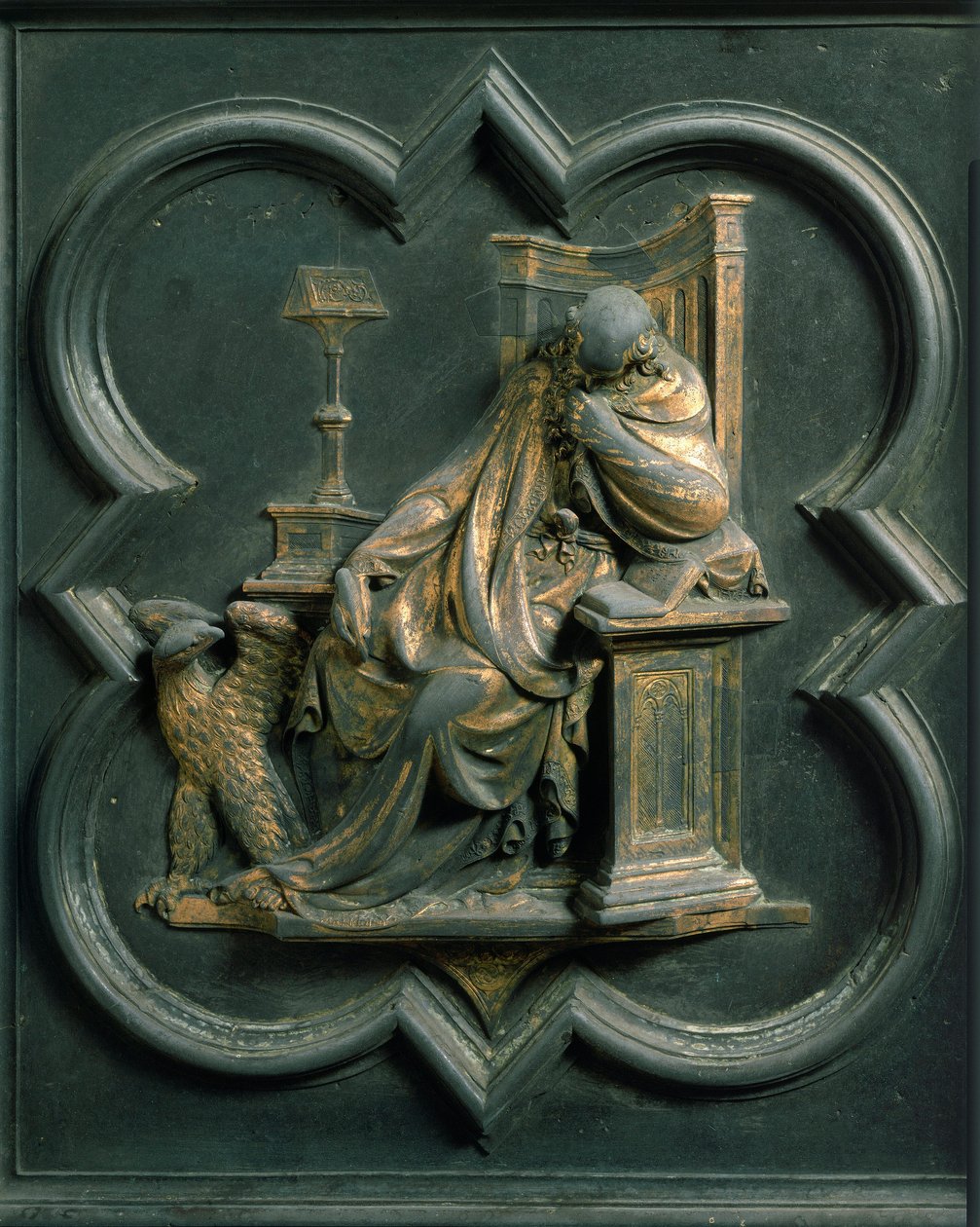 North Gate (called Gate of the Cross, to the North), exterior detail: Saint John Evangelist. Bronze sculpture made by Lorenzo Ghiberti by Lorenzo Ghiberti