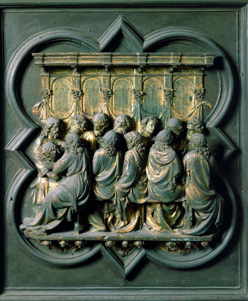 North Gate (called Gate of the Cross, in the North), exterior detail: The Last Supper. Bronze sculpture made by Lorenzo Ghiberti by Lorenzo Ghiberti